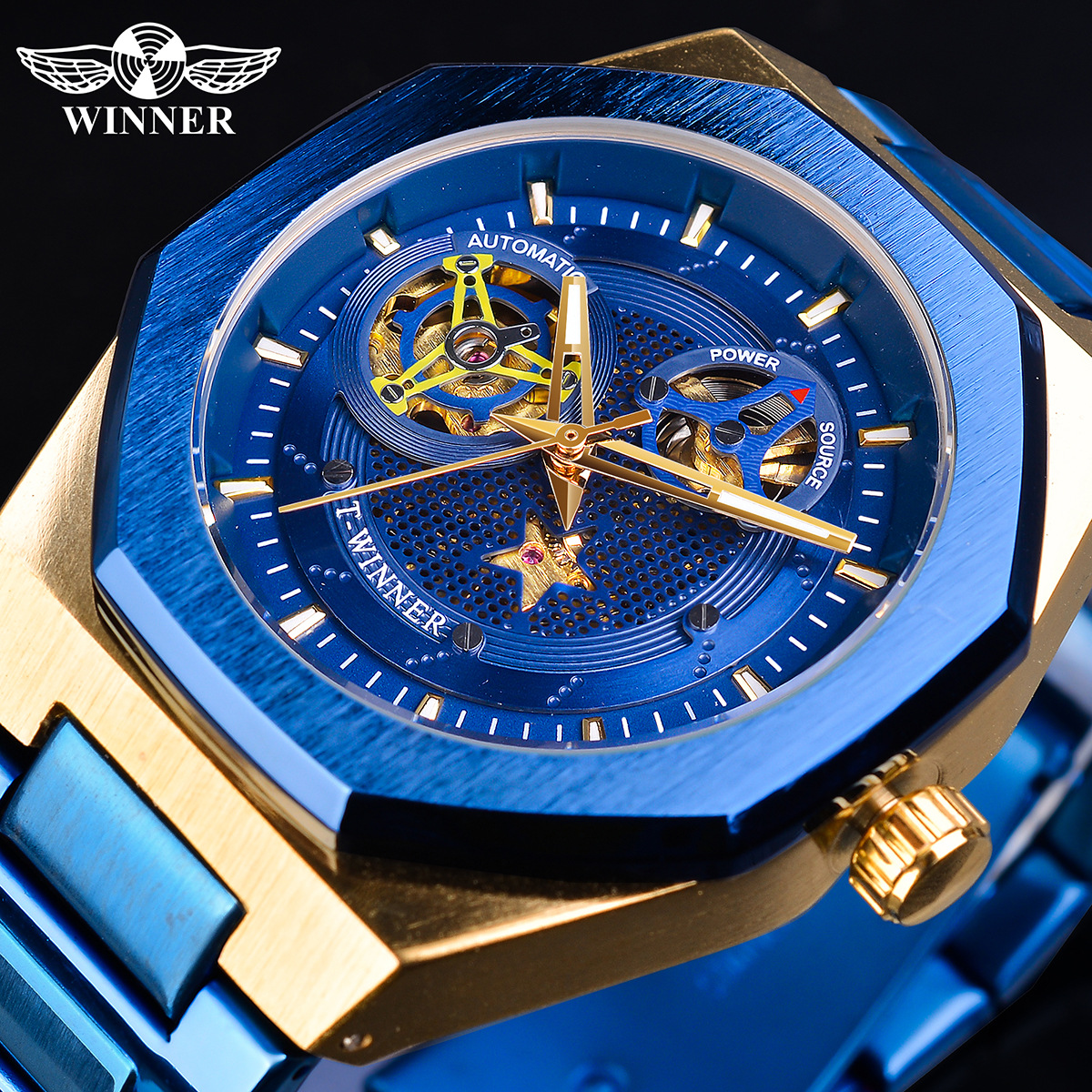 Nuevo ganador reloj mecánico automático octogonal de los hombres hueco de cinco puntas reloj mecánico correa de acero inferior transparente