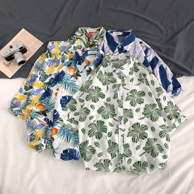 Summer men’s Floral Casual loose short sleeve casual shirt