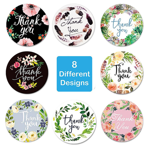 Cross-border flowers thank you sticker circular self-adhesive sticker 8 kinds of pictures festival gift decoration 500 pieces per roll