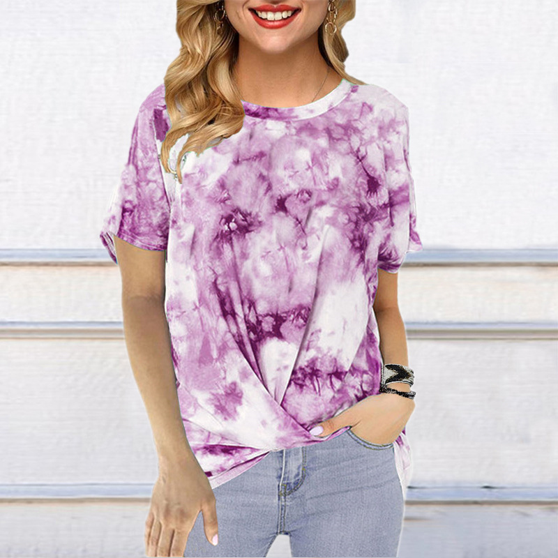 Tie Dye Printed Round Neck Short-Sleeved Twisted T-Shirt NSYHY106401