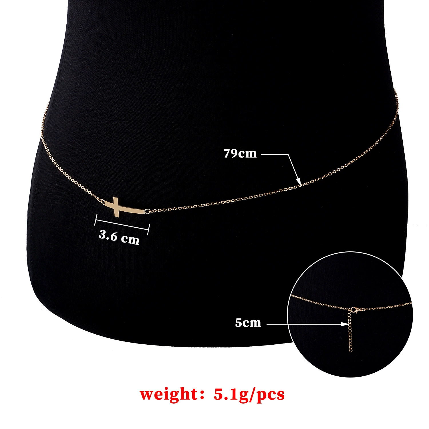 Пояс-цепочка (body chain) с крестом, 60–80 см, золотой или серебристый