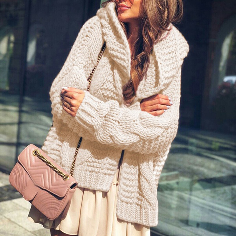 Suéter de Punto Grueso de Color Sólido Estilo Europeo y Americano, Cárdigan con Gorro Trenzado, Nuevo y Más Vendido en Amazon para Otoño/Invierno 2025