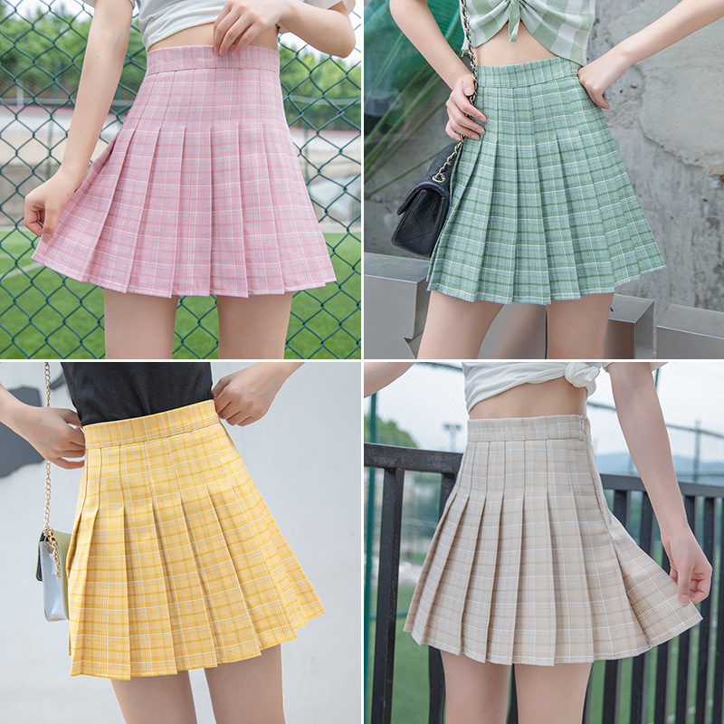 Pleated skirt female summer 2021 new large size college wind high waist display thin plaid skirt A word black short skirt