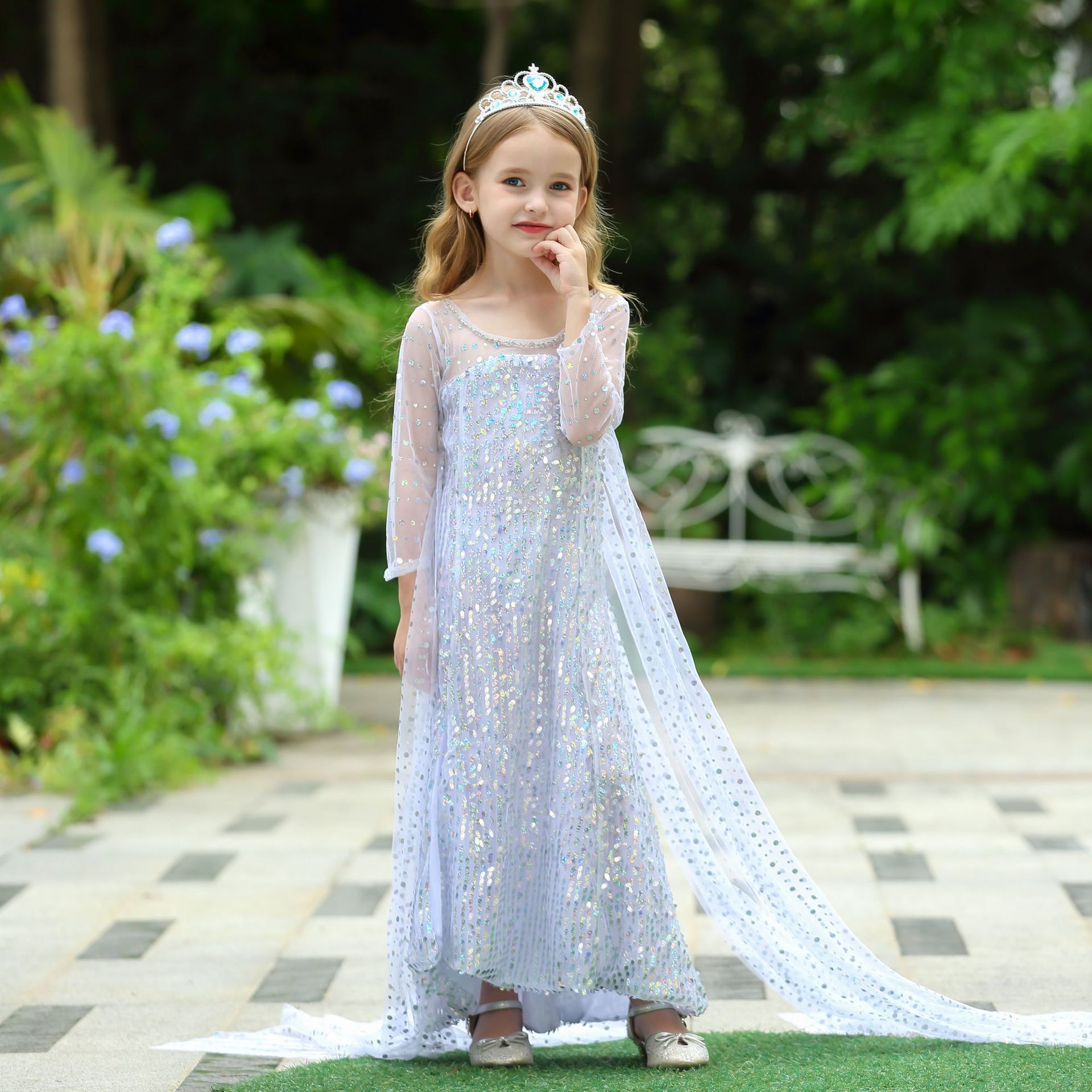 2020 New Frozen Aisha White Sequin Dress Girls' Festival Performance Dress Foreign Trade Mesh Dress
