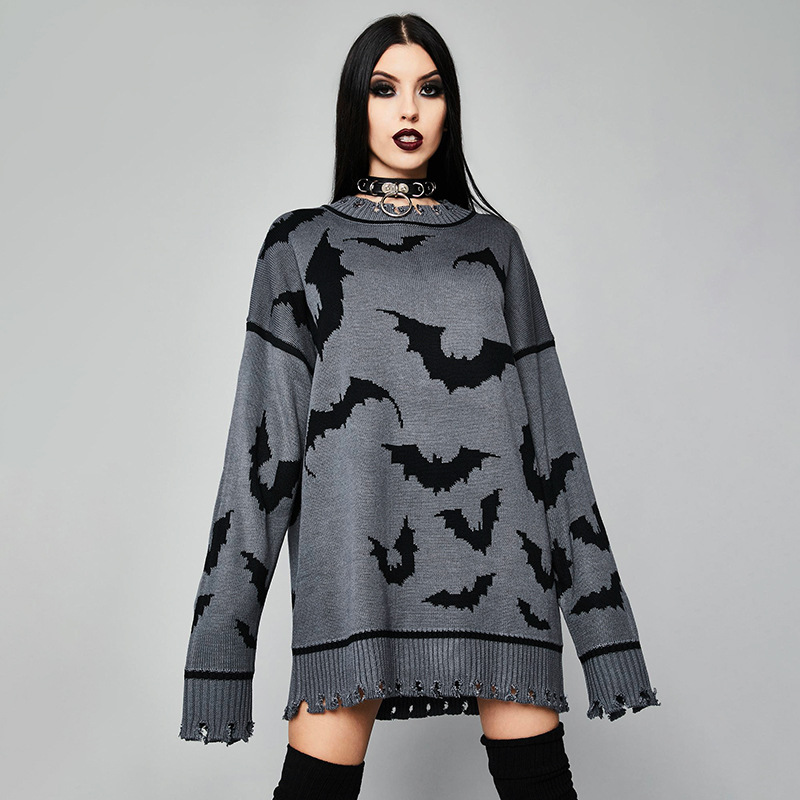 Loose Long-Sleeved Lengthened Bat Jacquard Tattered Edge Sweater NSGYB97746