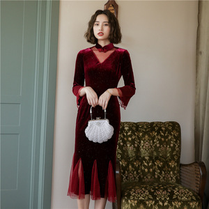 Chinese dress Cashmere cheongsam vintage oriental chinese traditional red dress for women