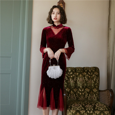 Chinese dress Cashmere cheongsam vintage oriental chinese traditional red dress for women