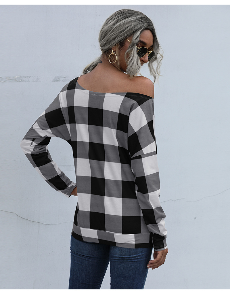 diagonal collar plaid long-sleeved T-shirt nihaostyles clothing wholesale NSGNX83001