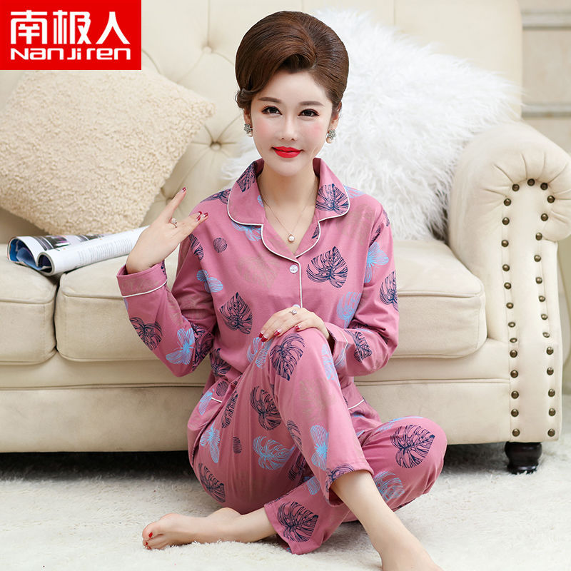 100% pijamas de algodón para madres de mediana edad y ancianos Primavera y otoño cardigan de manga larga casual más tamaño traje de desgaste para el hogar