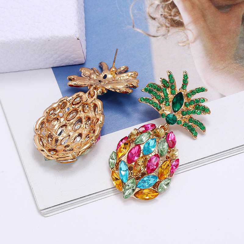 Fashion Creative Fruit Pineapple Inlaid Colorful Diamond  Earrings Wholesale display picture 4