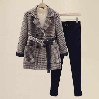 【加棉不加棉】千鳥格收腰呢子大衣女2020秋冬新韓版西裝毛呢外套