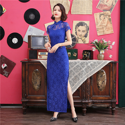 Cheongsam royal blue lace chinese dress Female Miss etquette Costume Banquet Catwalk car model Performance Costume Long Chinese Style