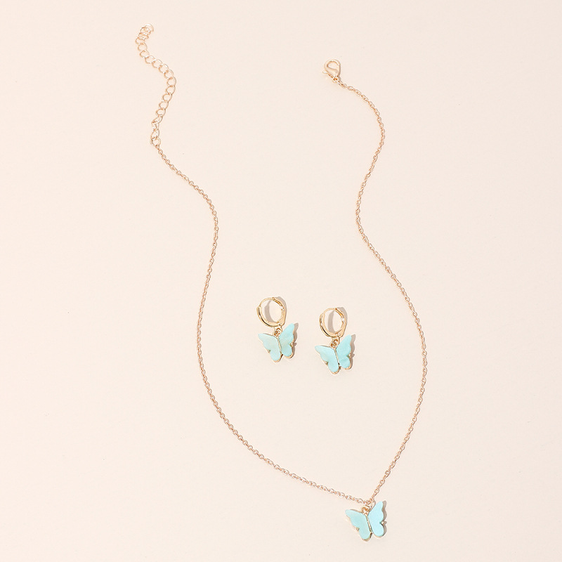 10g Weight Necklace Classification Wedding, Travel Occasion Alloy Material Circle Pattern Women'S Gender Pink, Purple, Green, Yellow Color Girls Fashion Butterfly Pendant Sen Earrings Clavicle Chain Super Fairy Earring Necklace 7