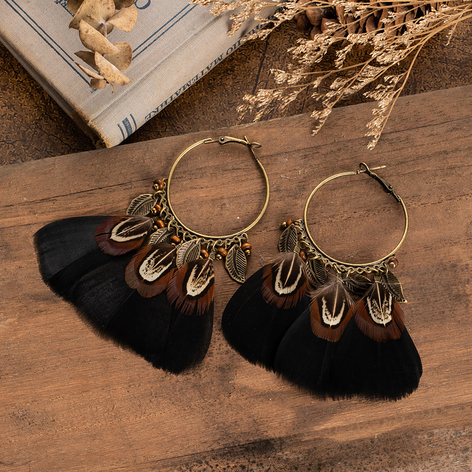 Retro Long Feather Tassel Earrings display picture 2