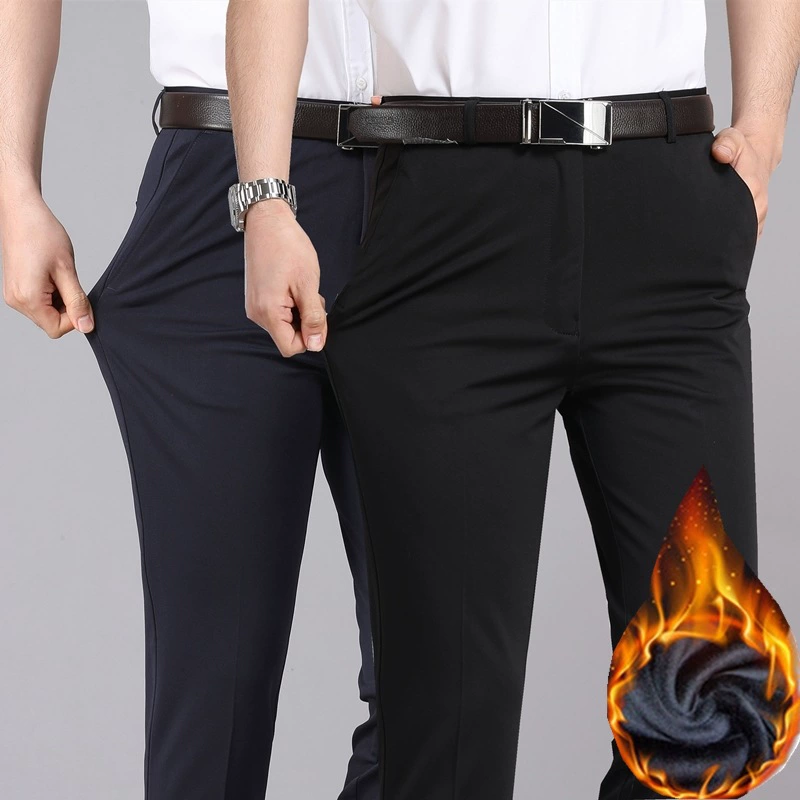 Мужские брюки для делового костюма, повседневные классические брюки, эластичные формальные мужские брюки, осенне-зимние толстые свободные прямые брюки на флисовой подкладке для мужчин