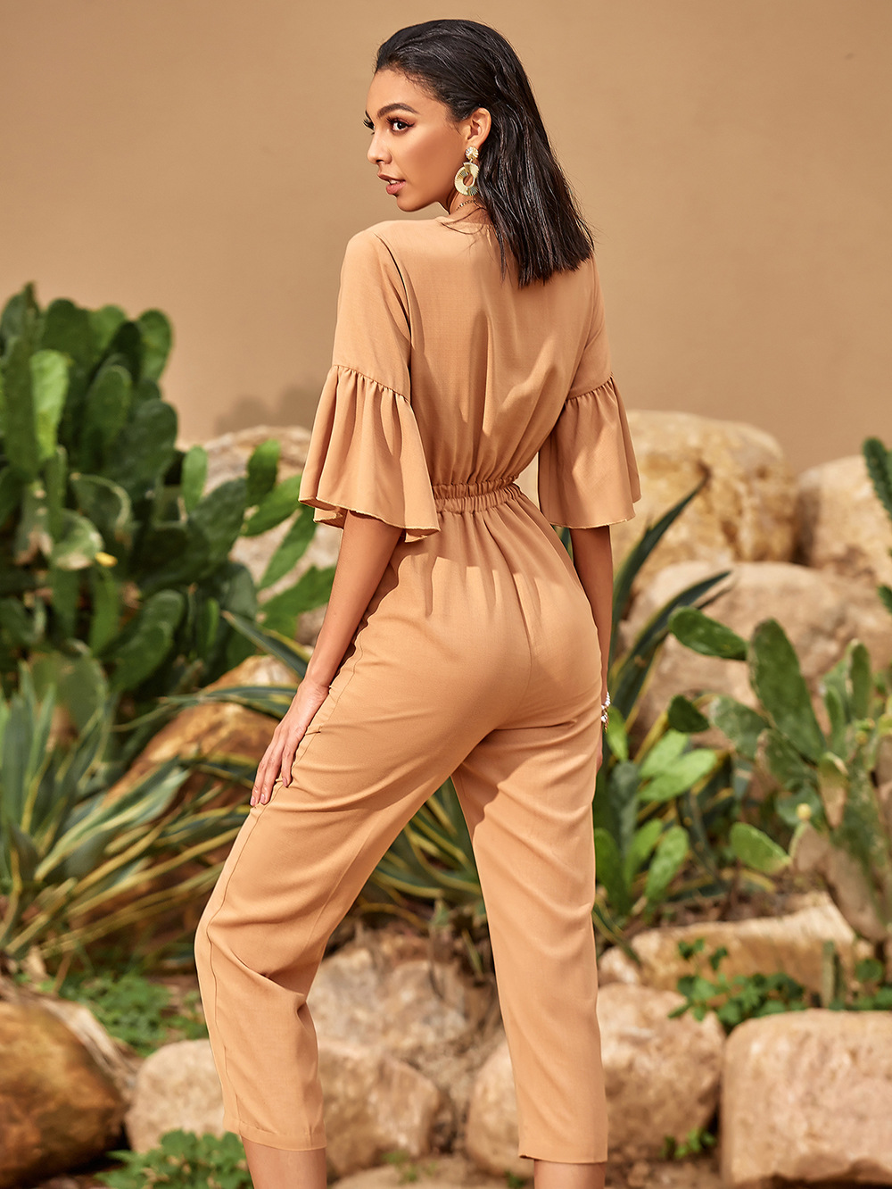 casual high-waist straight-leg strappy jumpsuit  NSDF10213