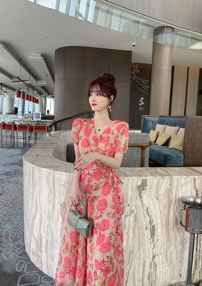 Đầm maxi nữ cổ V cao eo in họa tiết voan dài — Đỏ dưa hấu chi tiết 14