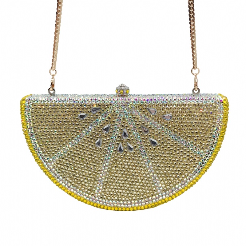 Túi clutch nữ đính đá hình quả chanh, hộp cứng kim cương đáy phẳng, kèm dây xích 48 cm — Màu vàng