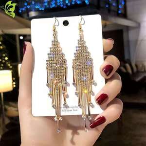 women silver needle bling ballroom latin dance jewelry diamond long earrings high-grade Women ballroom latin dance performance tassel Zircon Earrings