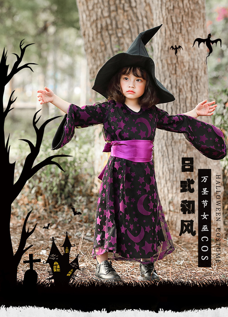 Fashion Halloween Children Purple Witch Star Moon Print Dress Wholesale Nihaojewelry display picture 1