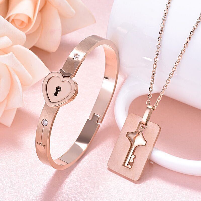 Fashion Key Lock Titanium Steel Inlay Zircon Bracelets Necklace 1 Set