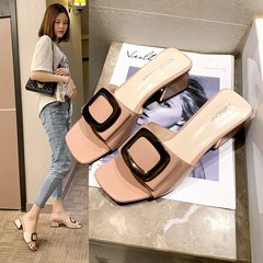 High-heeled slippers for women's summer outer wear 2023 new metal buckle Korean style temperament slippers fashionable and comfortable thick heel slip-on slippers