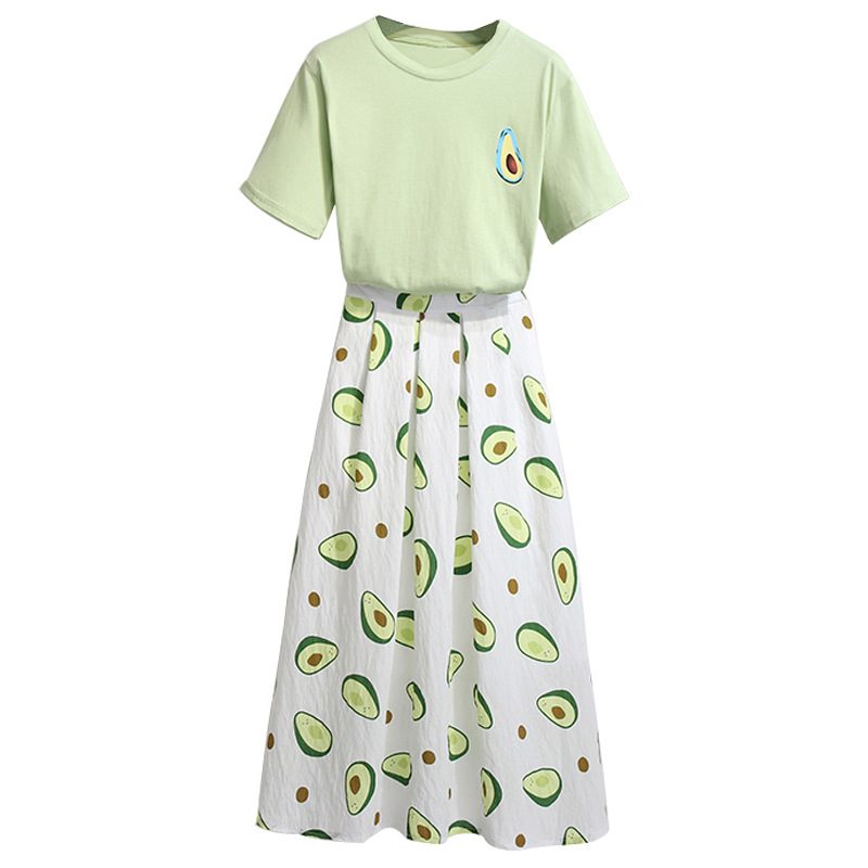 One Piece Two Piece Net Red Wind Small Fresh T Shirt Avocado Print Long Skirt Suit Long Skirt Female