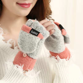 秋冬季韩版可爱手套女士学生卡通加厚保暖五指翻盖针织毛线露半指