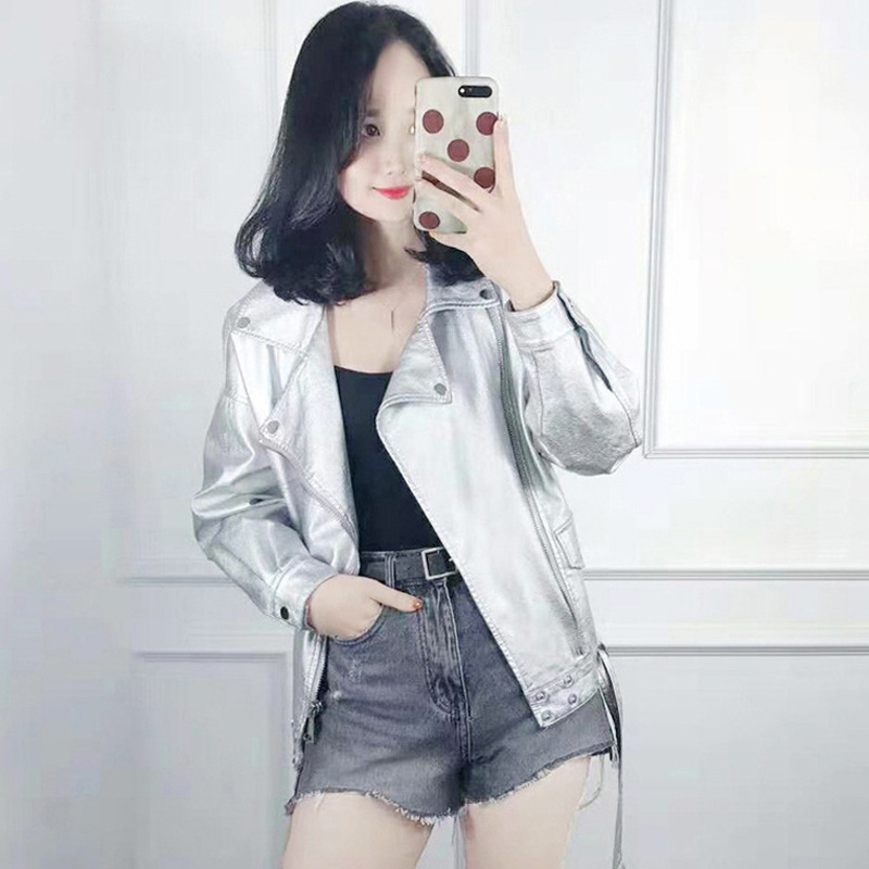 2020春装韩版银色皮衣女外套BF机车腰带翻领PU皮衣宽松版女士皮衣