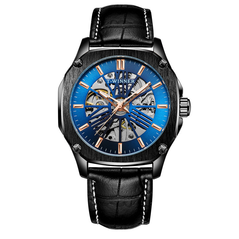 Ganador reloj mecánico automático para hombres moda hueco transparente volante correa de cuero reloj mecánico 8182