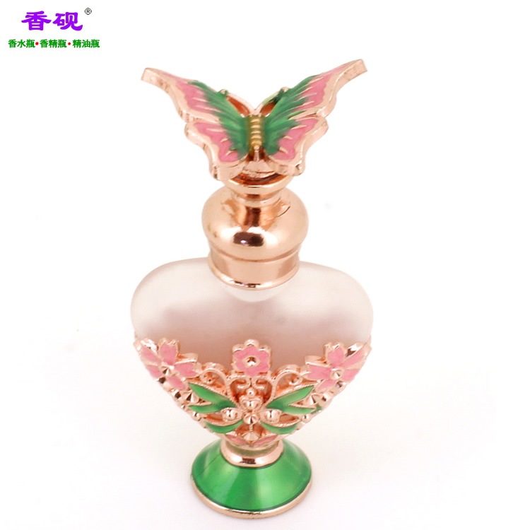 香砚定做款6ml三朵花绿色底座心形贵夫人玫瑰金蝴蝶瓶盖摆件6