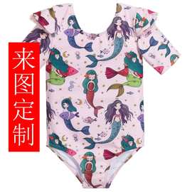美人鱼印花儿童泳衣批发泳衣现货藕粉色袖子游泳衣度假服装工厂