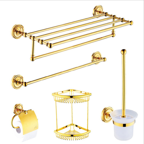 Gold Towel Rack Bathroom Shelf Wall Mount Single Pole Full Copper Tissue Holder Bathroom Hardware Hooks Set