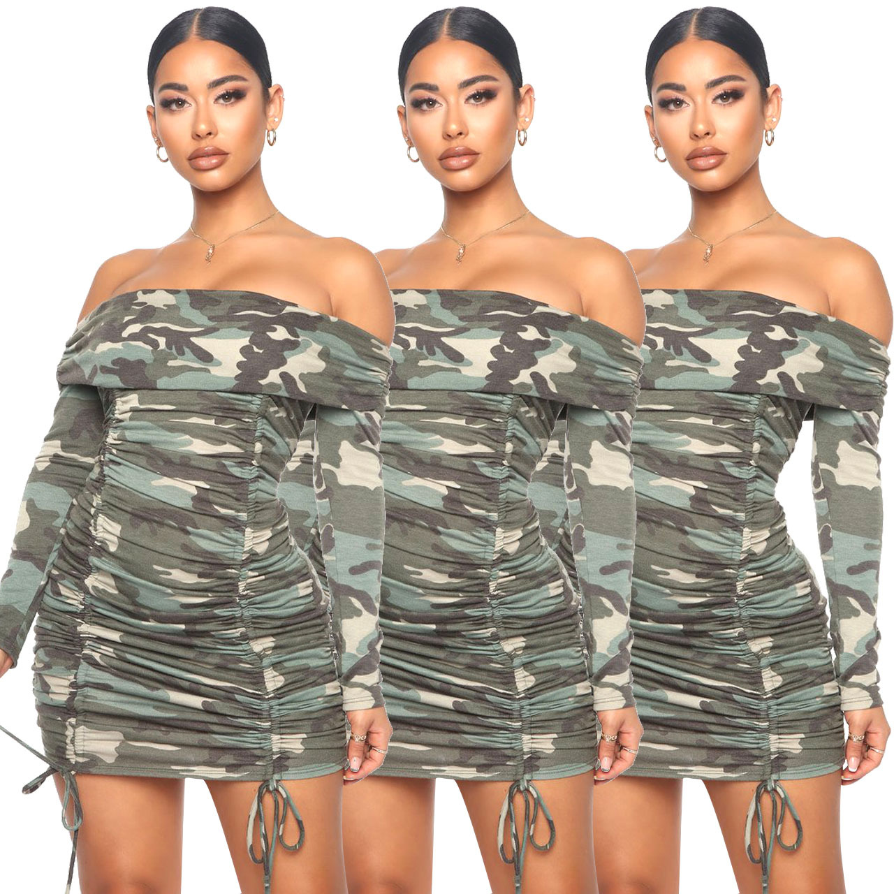 FE019 WISH亚马逊欧美女装迷彩印花褶皱一字领连衣裙跨境女装