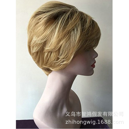 Amazon manufacturers supply European and American fashionable wigs with oblique bangs, short straight hair, full top, chemical fiber golden yellow full headgear