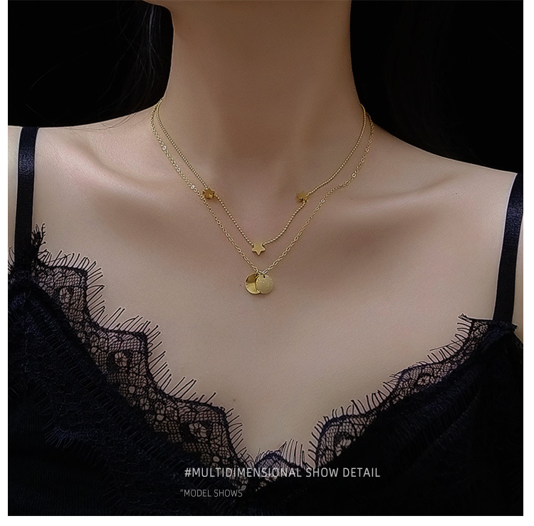 Frosted Round Five-pointed Star Double Clavicle Necklace Titanium Steel Plated 18k Real Gold Wholesale Nihaojewelry display picture 8