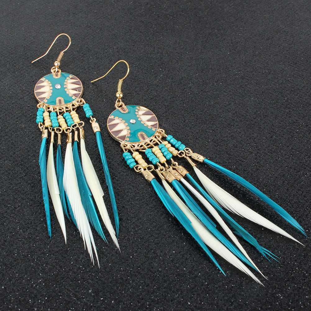 Fashion New Retro  Long Tassel Feather  Pearl Wild Earrings Wholesale Nihaojewelry display picture 5