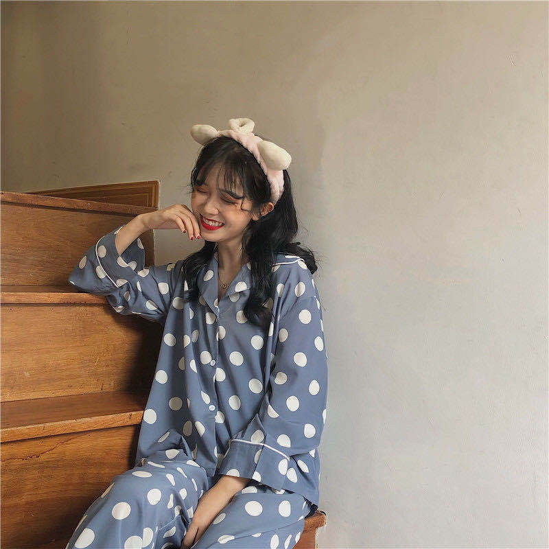 实拍 粉格 睡衣女夏春秋季长袖韩版卡通可爱胖MM家居服