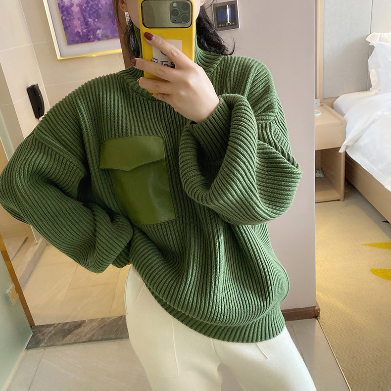 Special non-return women's sweater Yan value warm online warm winter color pit high collar leather pocket loose sweater