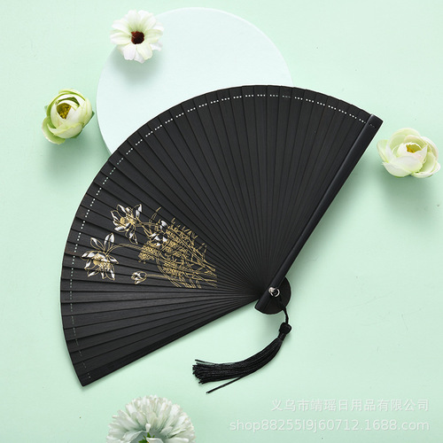 Chinese Fan Chinese Hanfu hand Fan National black cheongsam dance all bamboo Japanese and folding fan easy to open alloy spray painted Plum Blossom Fan