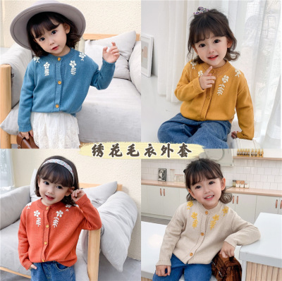 children Spring new pattern sweater Girls Children baby lovely Embroidery Embroidery Long sleeve Wool Cardigan knitting coat