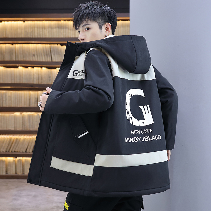 冬季男士棉衣加絨加厚工裝連帽羽絨棉服潮流加厚中長款棉襖風衣外