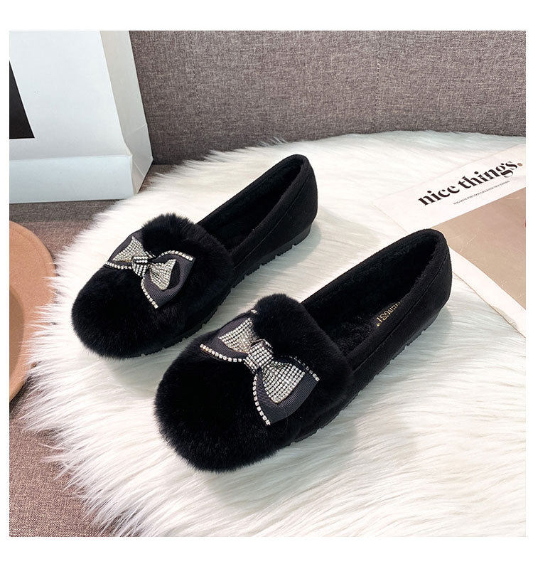 Giày lười nữ đế bệt lông thỏ trang trí nơ, giữ ấm — Màu xám, Màu đen chi tiết 18