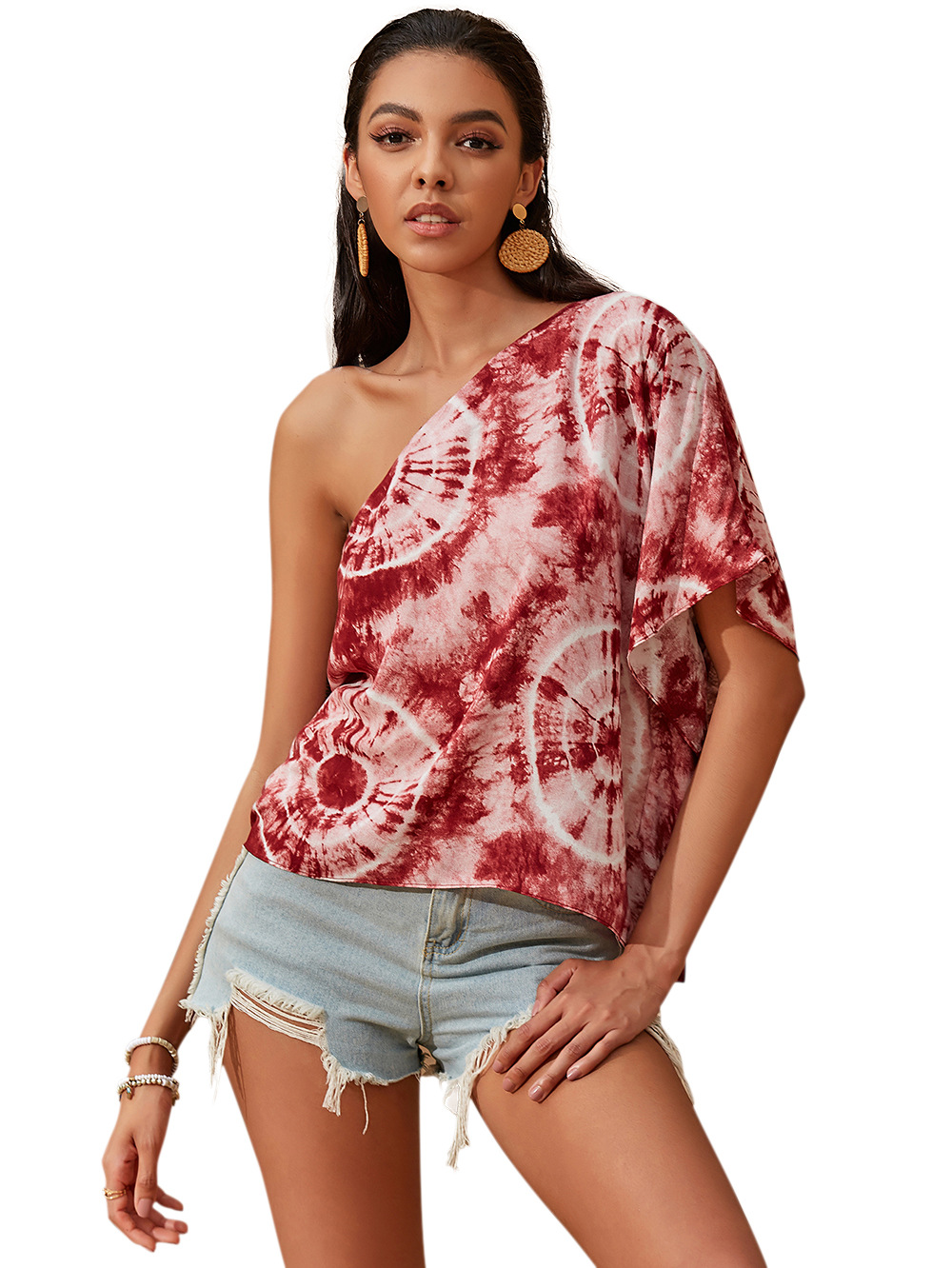 verano nuevo estilo estampado tie-dye mangas con cuello en V hombro diagonal top irregular NSDF1288