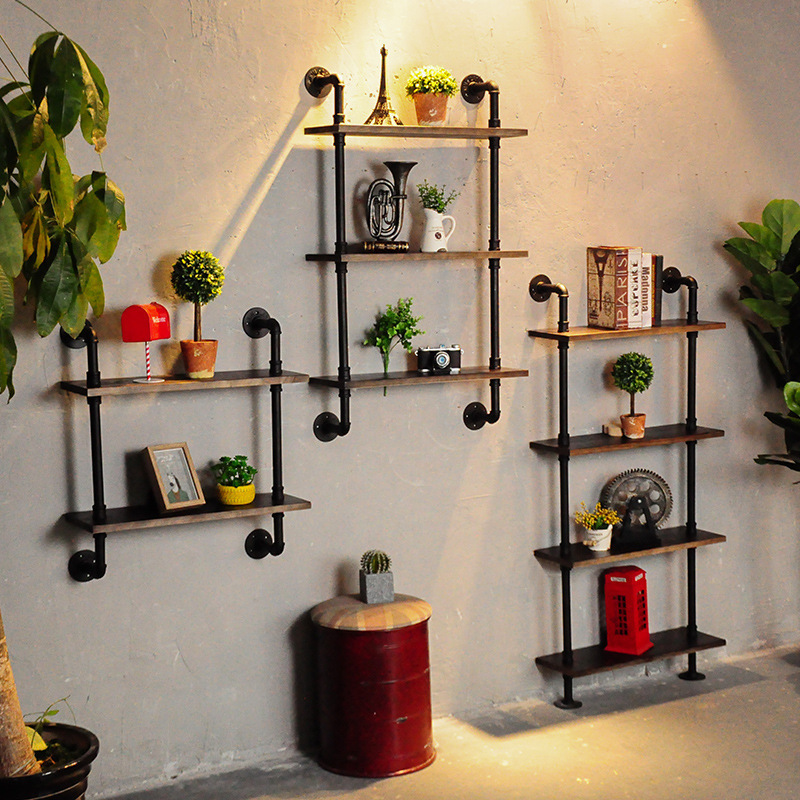loft工业风复古水管置物架铁艺木质墙上书架 壁挂架 创意墙壁隔板|ms