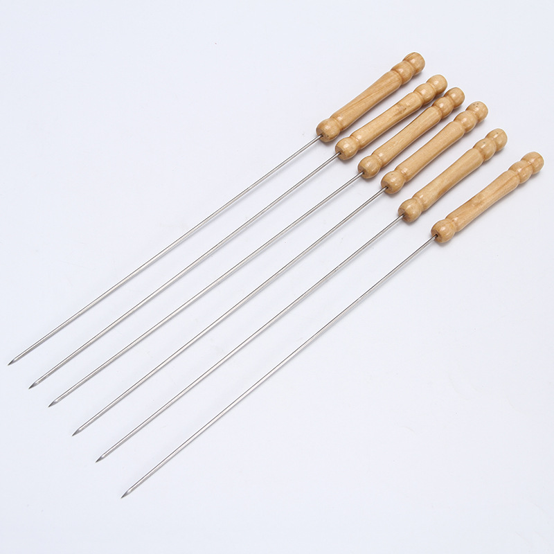 Stainless steel BBQ sign Kebabs Wooden handle BBQ needle outdoors barbecue appliance Manufactor wholesale