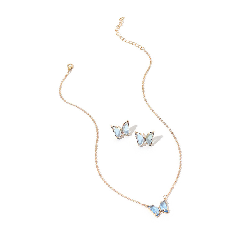 Simple New  Gold Simple Acrylic Diamond Sen Butterfly Pendant Earrings Necklace Clavicle Chain Set display picture 8