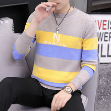 外贸男装长袖圆领字母拼色条纹套头毛衣青少年韩版修身男士针织衫