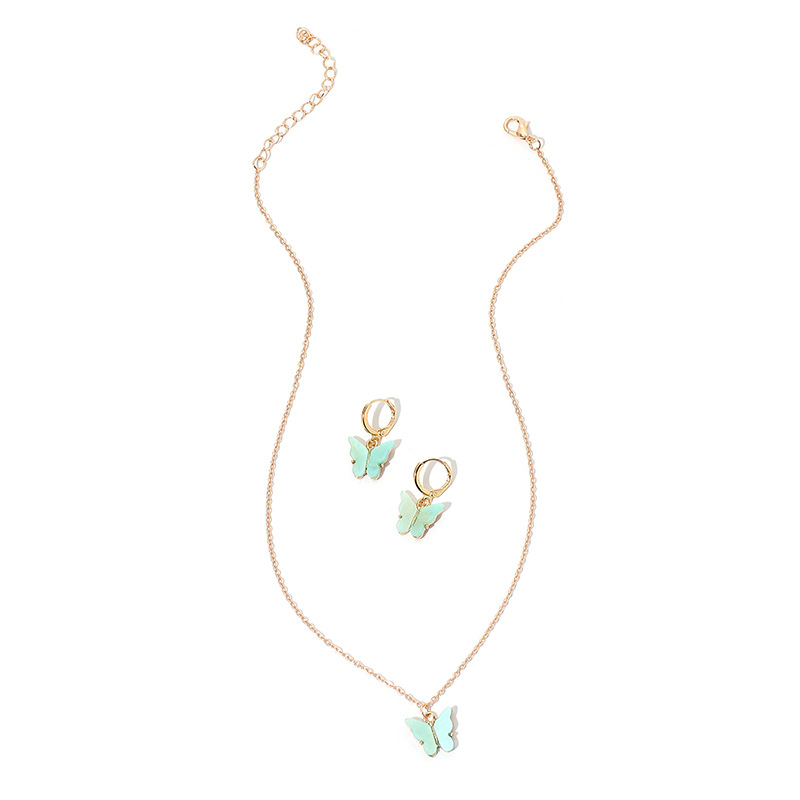 10g Weight Necklace Classification Wedding, Travel Occasion Alloy Material Circle Pattern Women'S Gender Pink, Purple, Green, Yellow Color Girls Fashion Butterfly Pendant Sen Earrings Clavicle Chain Super Fairy Earring Necklace 9