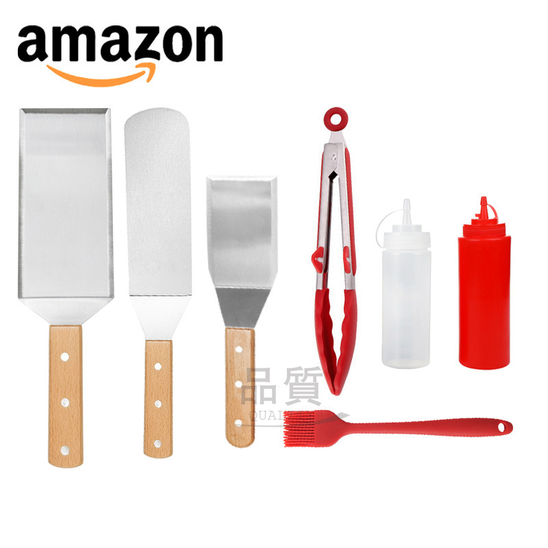 六件套鐵板燒不鏽鋼料理鏟矽膠食物夾 牛排鏟套裝 燒烤鏟燒烤配件